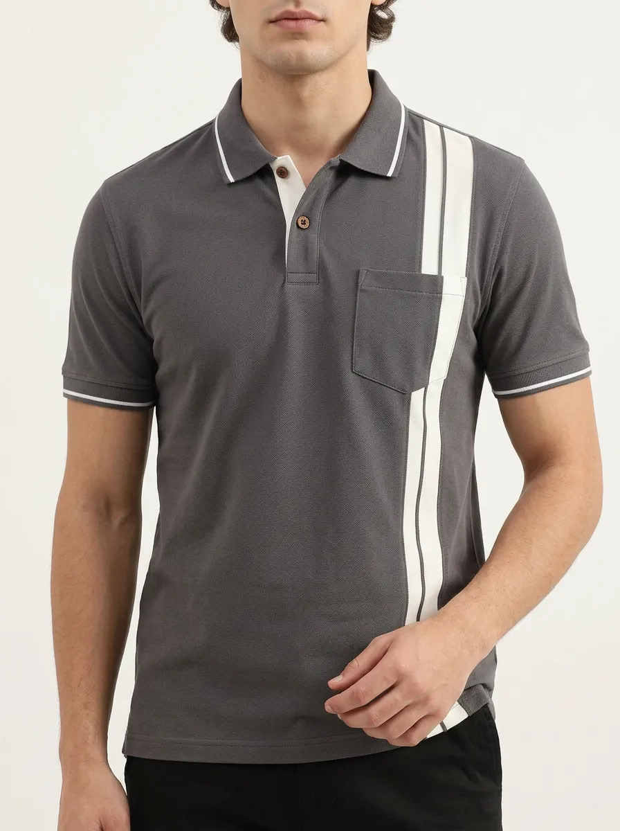 Men's Ribbed Textured Vertical-Stripe Contrast-Panel Pocket Polo Shirt