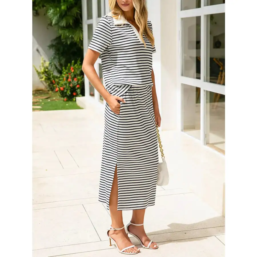 Modern Striped Polo Collar Top And Slit Skirt Two-Piece