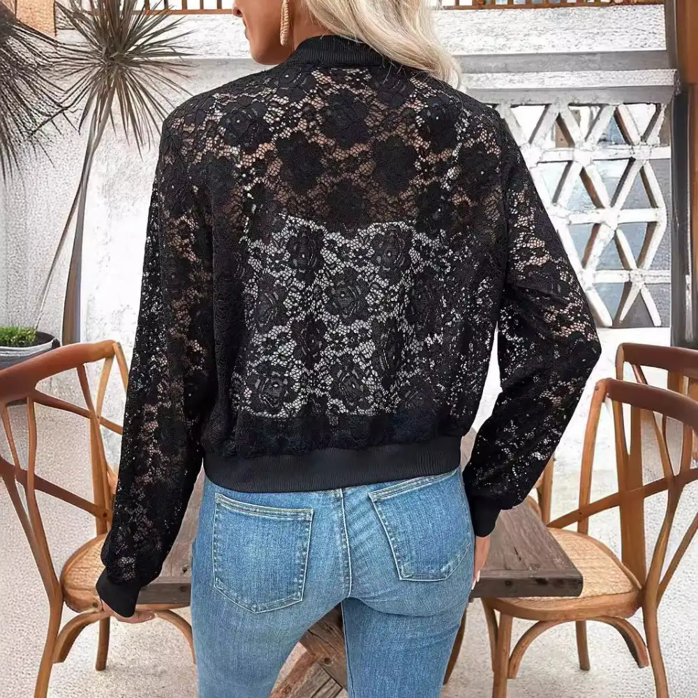 Relaxed Floral Detail Zip Front Ribbed Trim Bomber Jacket