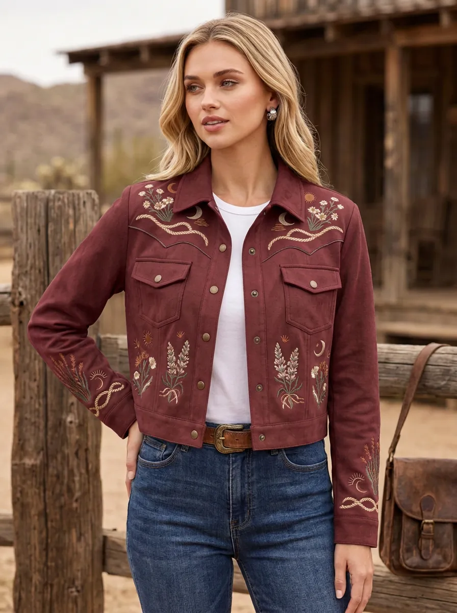 Women's Classic Western Moon Floral Embroidered Denim Jacket