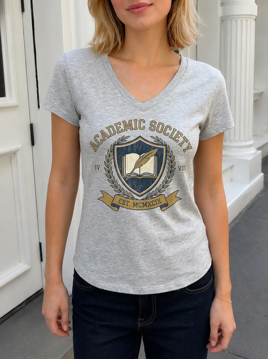 Women's Academic Society Book Feather Crest Printed V-neck T-shirt