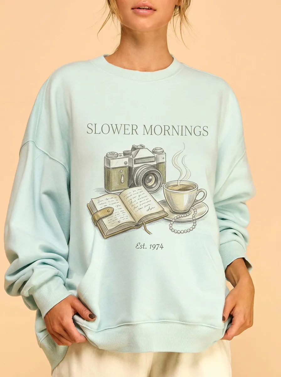 Women's Slower Mornings Camera Coffee Book Printed Sweatshirt