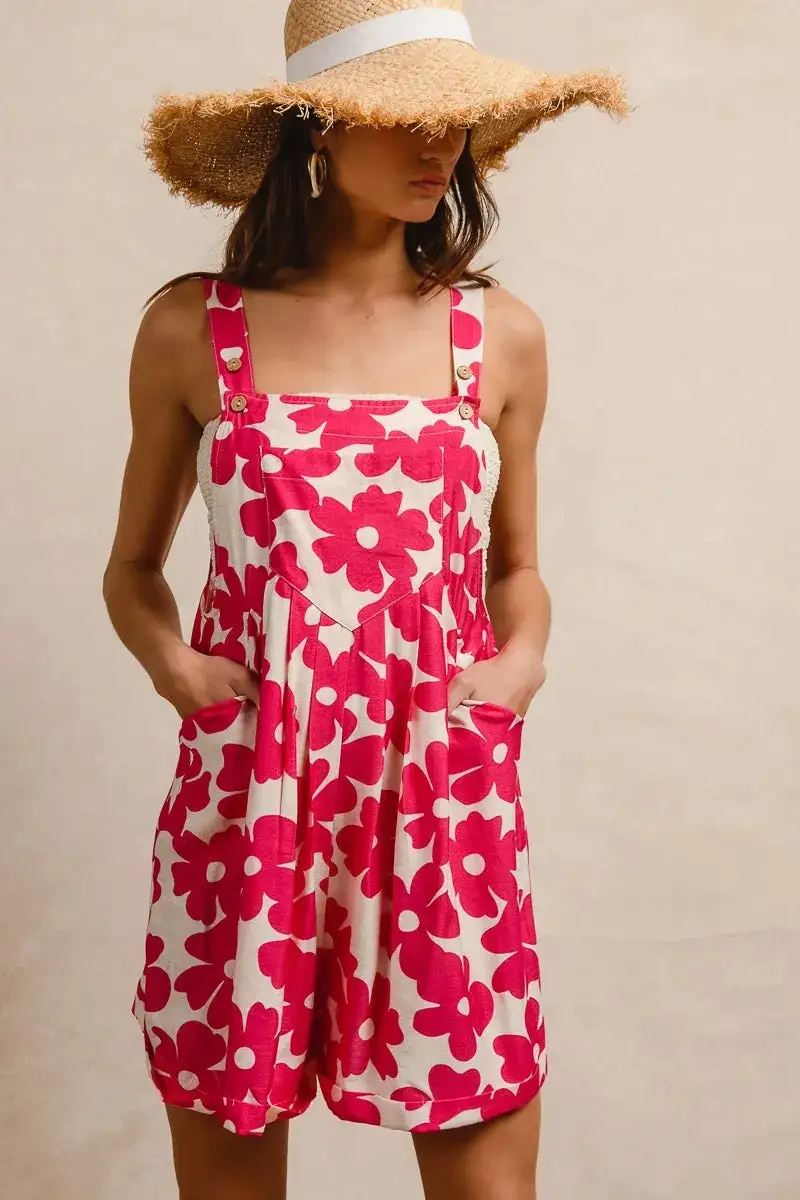 Floral Print Tuck Detail Shortall Romper with Pockets