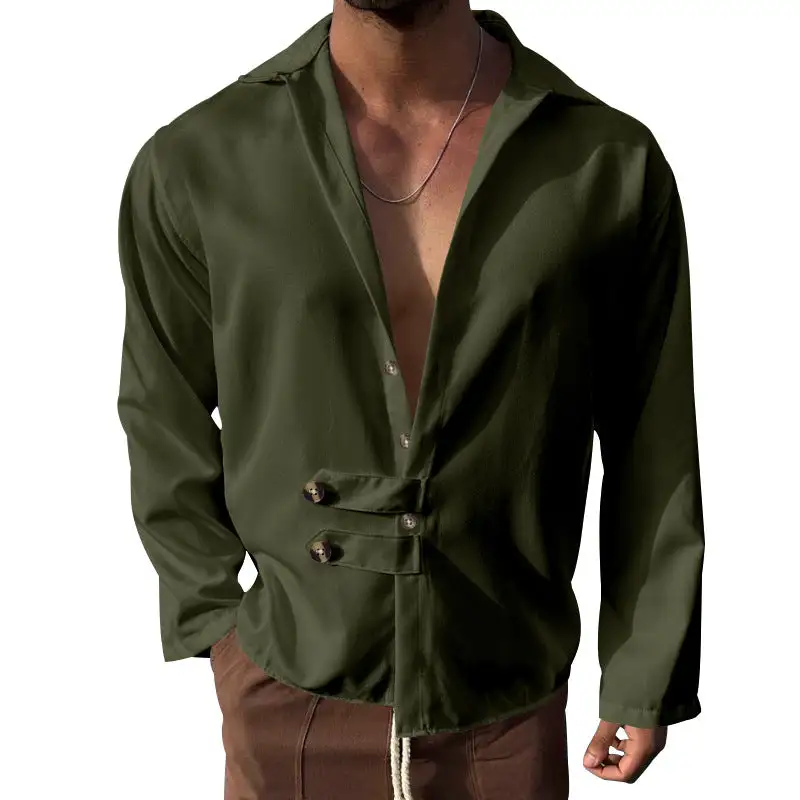 Men's Modern Long-sleeved Shirt With Deep Neckline And Asymmetrical Strap Look