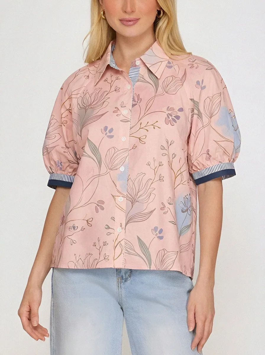 Women's Floral Botanical Art Printed Puff Sleeve Shirt
