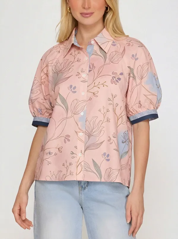 Women's Floral Botanical Art Printed Puff Sleeve Shirt