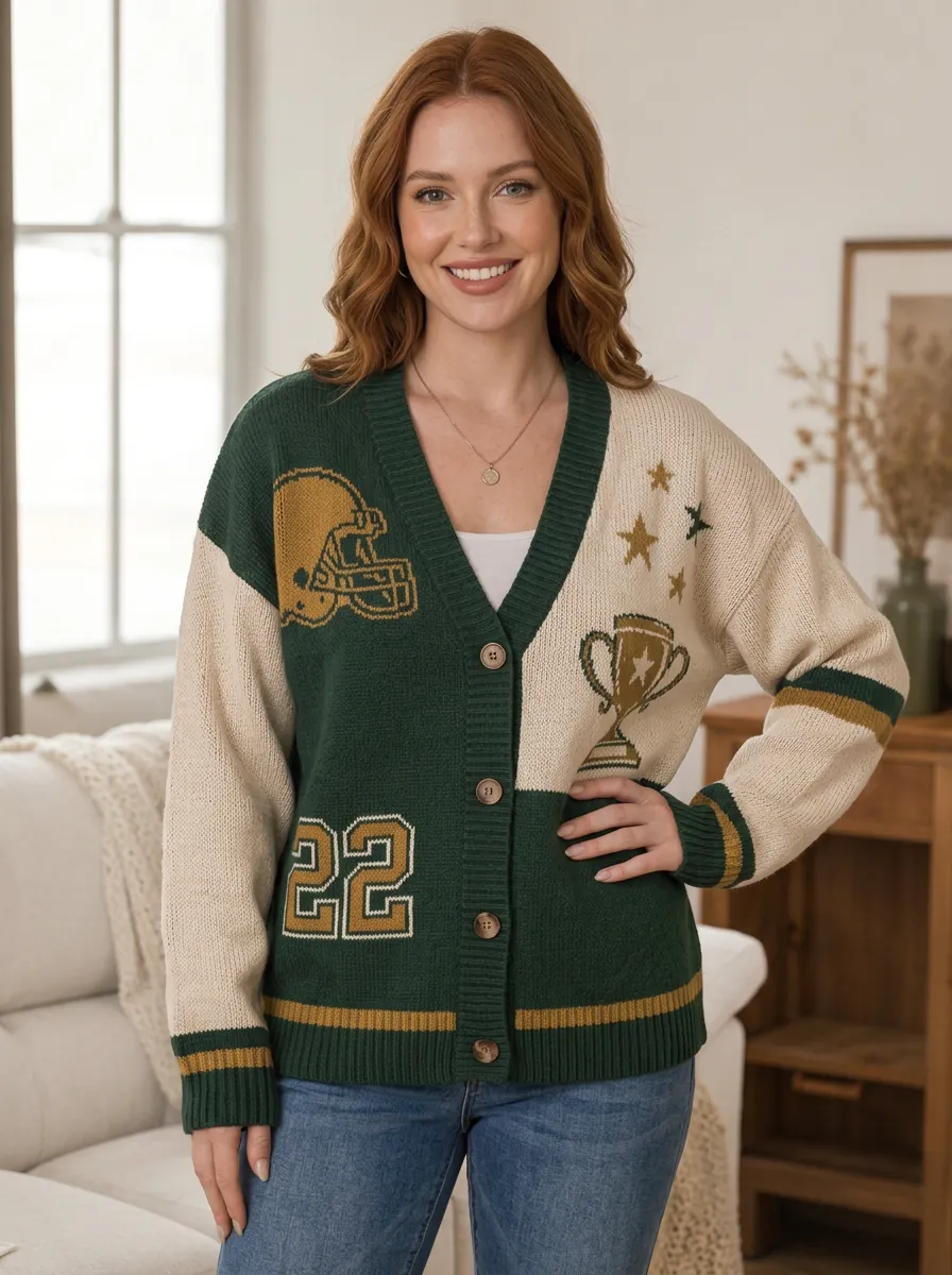 Women's Classic Vintage Inspired Gridiron Helmet Trophy Ball Knit Cardigan