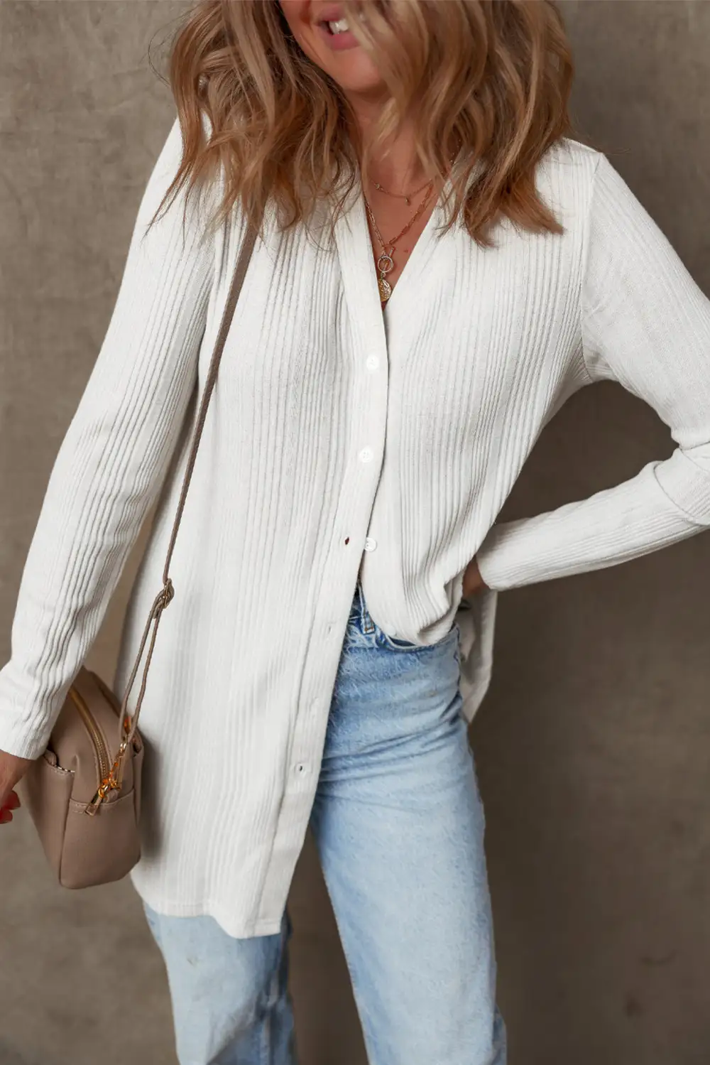 Solid Ribbed Button Front Tunic Cardigan