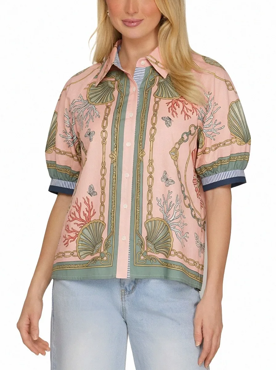 Women's Nautical Beach Lover Seashell Coral Chain Printed Shirt