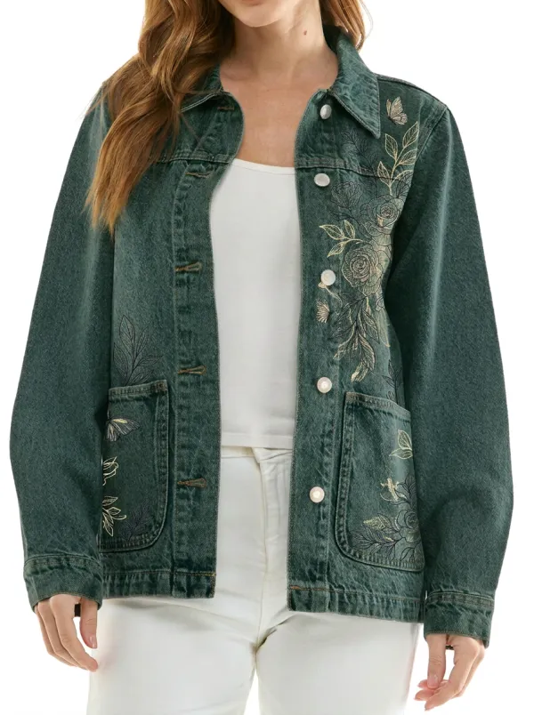 Women's Floral Butterfly Botanical Printed Denim Jacket