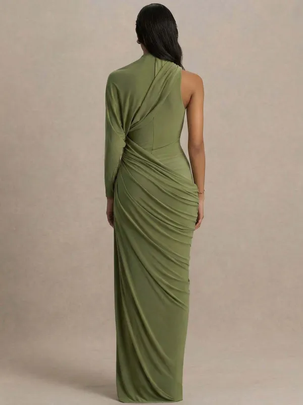 Asymmetric One Sleeve Drapedd Maxi Dress