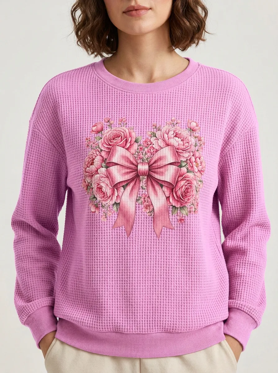 Graceful Bow-Detail Women's Breast Cancer Awareness Waffle Sweatshirt