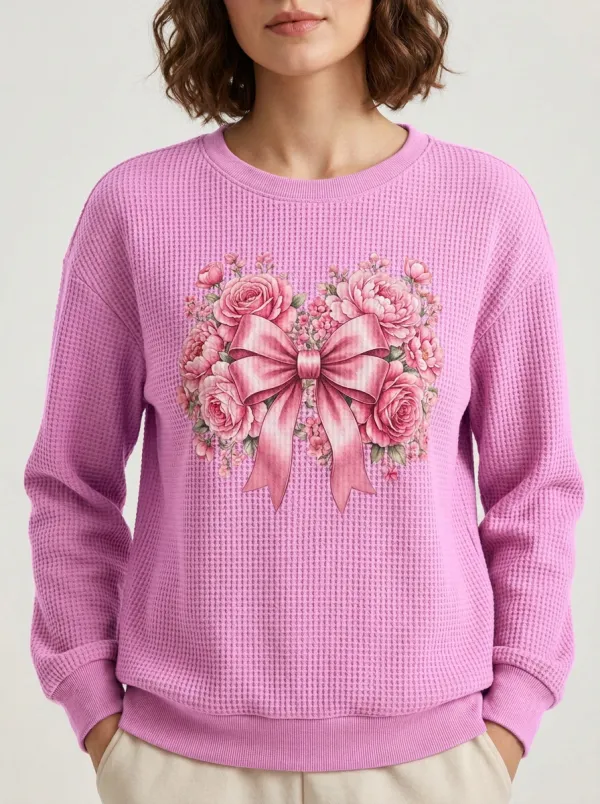 Graceful Bow-Detail Women's Breast Cancer Awareness Waffle Sweatshirt