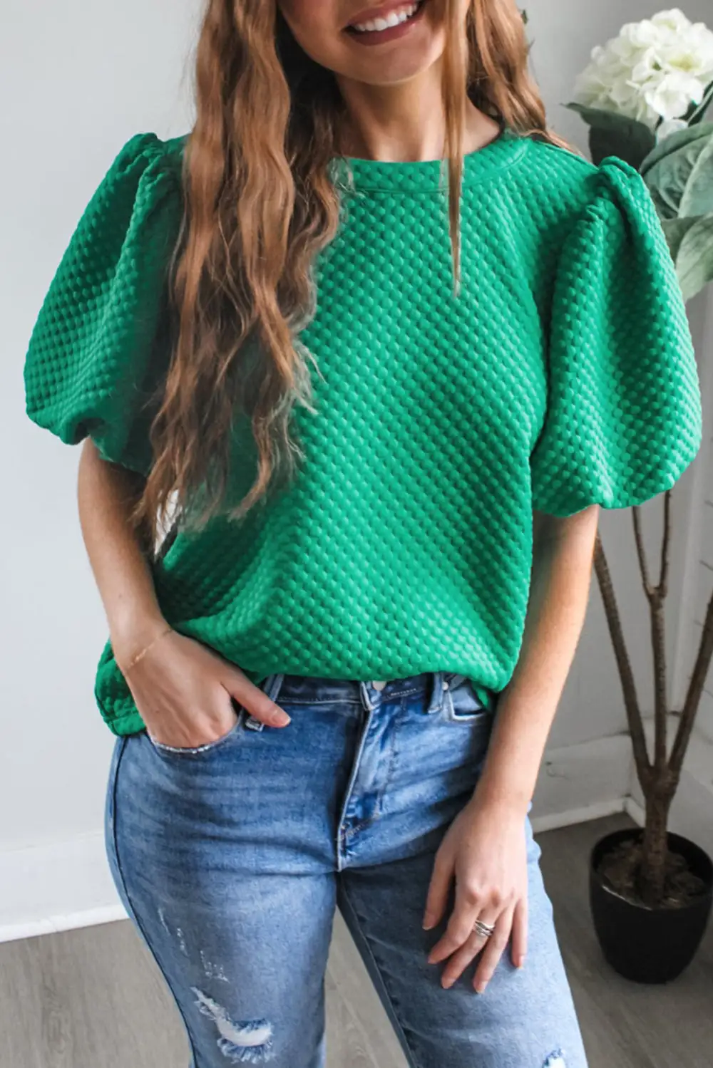 Textured Crew Neck Puff Sleeve Blouse