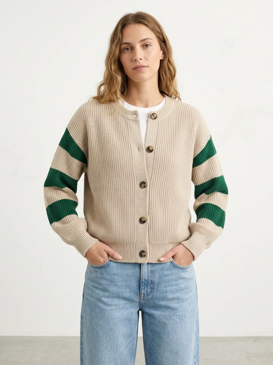 Striped Sleeve Rugby Striped Sleeve Knit Cardigan