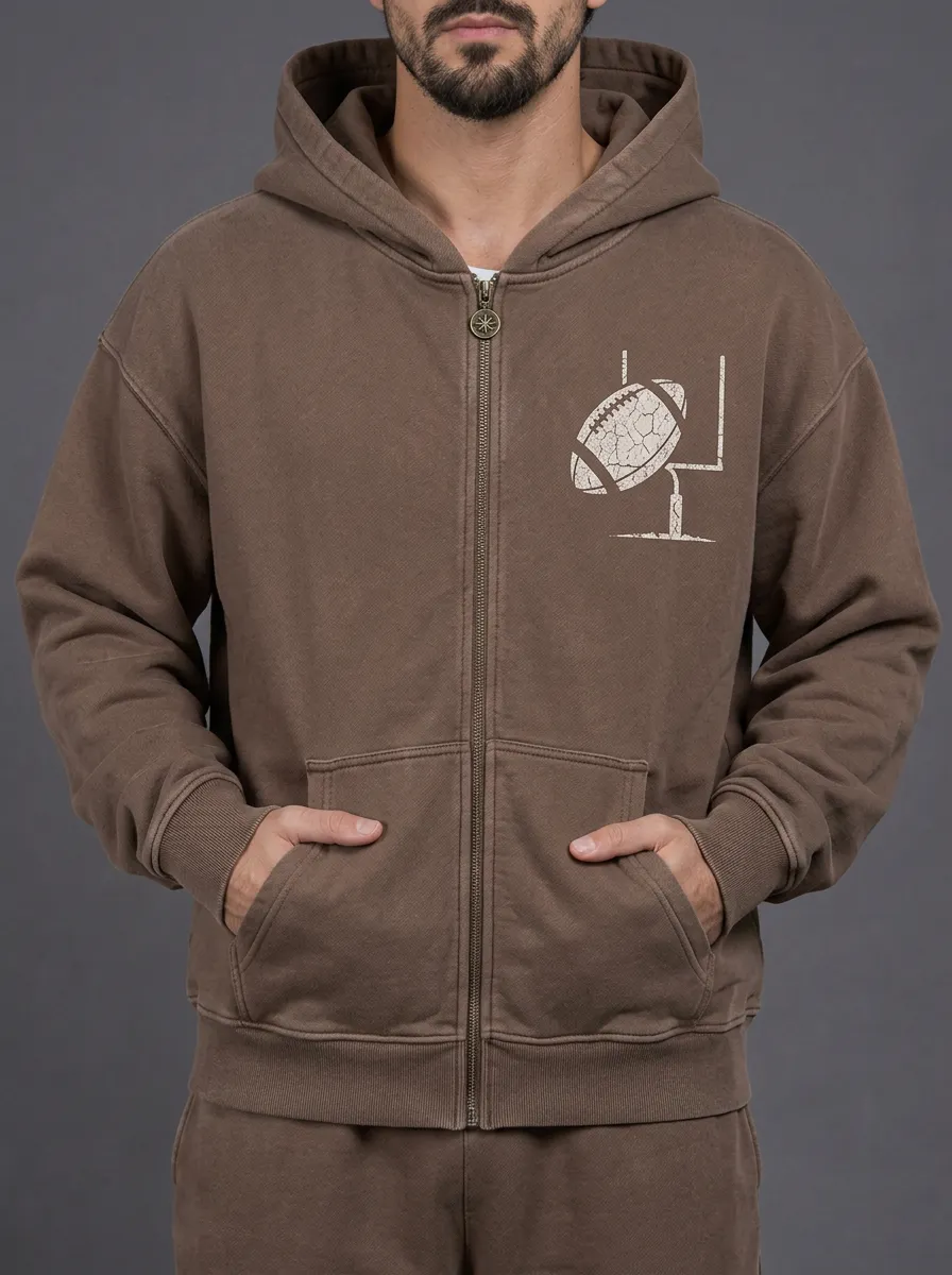 Men's American Football Goalpost Distressed Printed Zip-up Hoodie