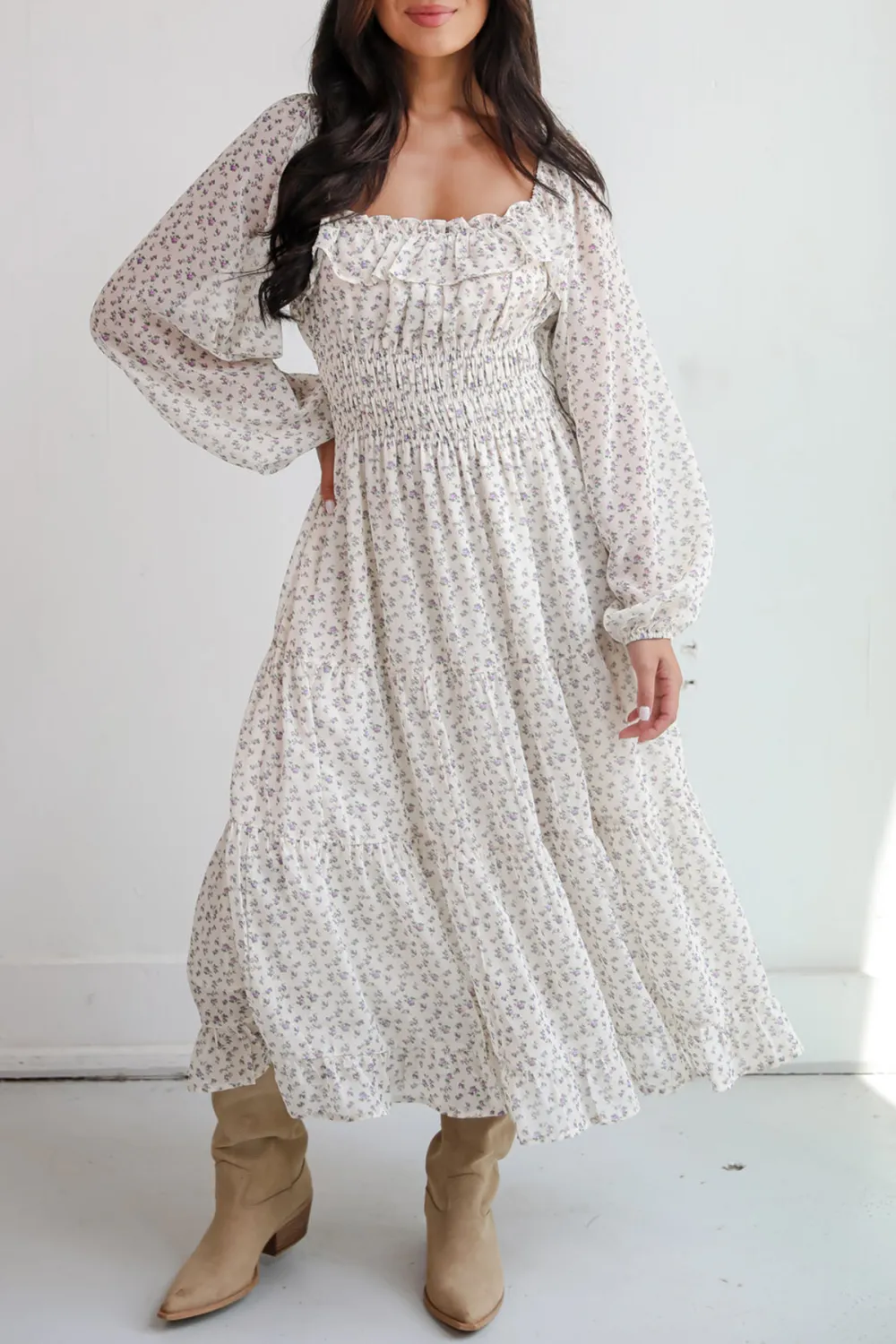 Cream Floral Print Midi Dress