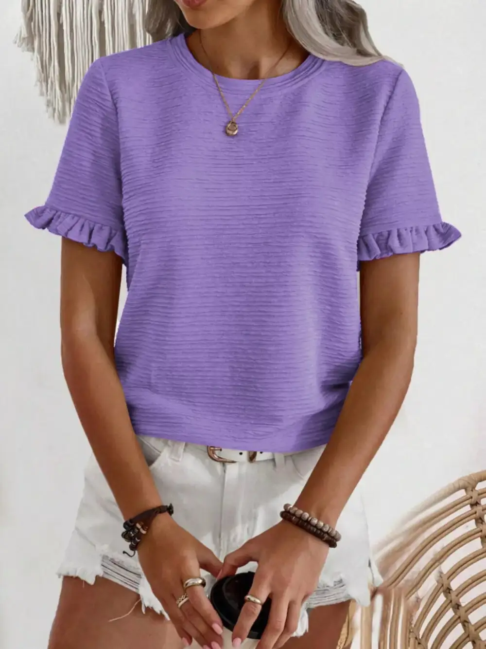 Textured Ruffle Sleeve Round Neck Blouse