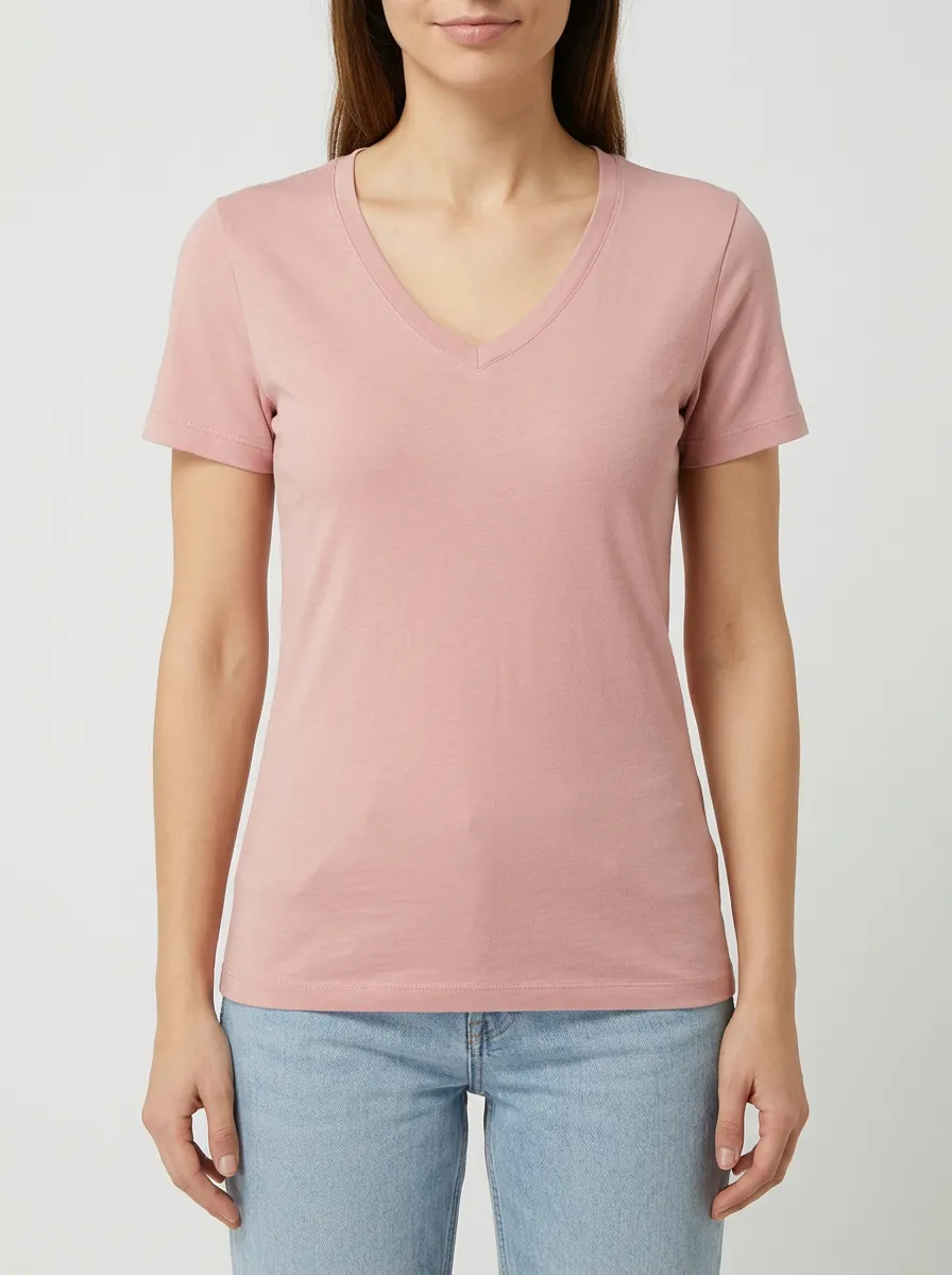 Women's Dusty Pink Solid Color V-Neck Printed T-shirt