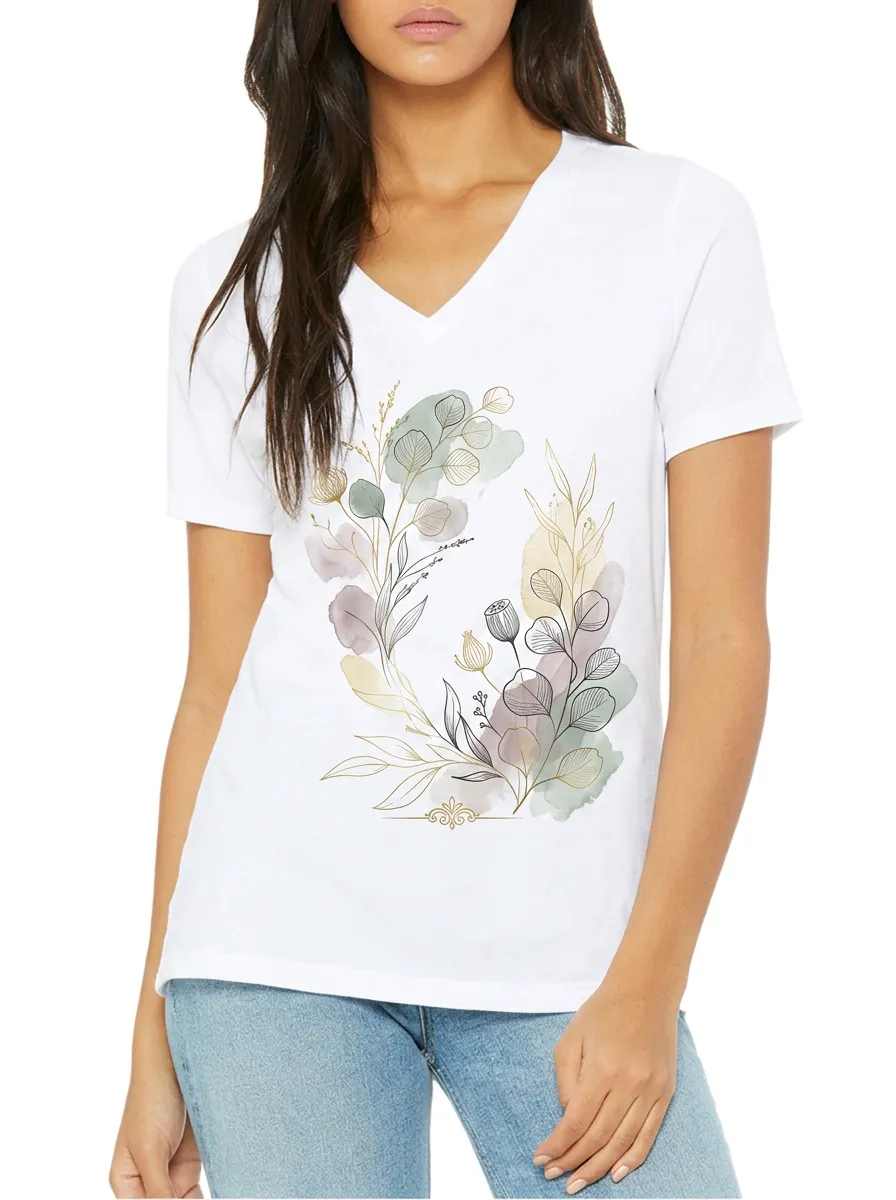 Women's Botanical Nature Lover Eucalyptus Watercolor Printed V-neck T-shirt