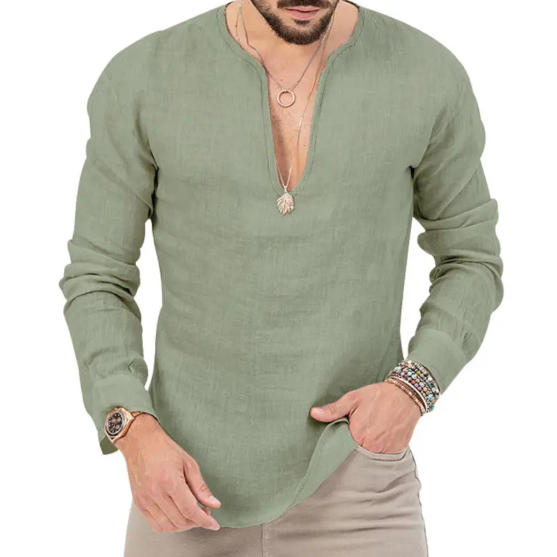 Men's Relaxed Linen Tunic Shirt With Open Slit Collar And Rounded Hem
