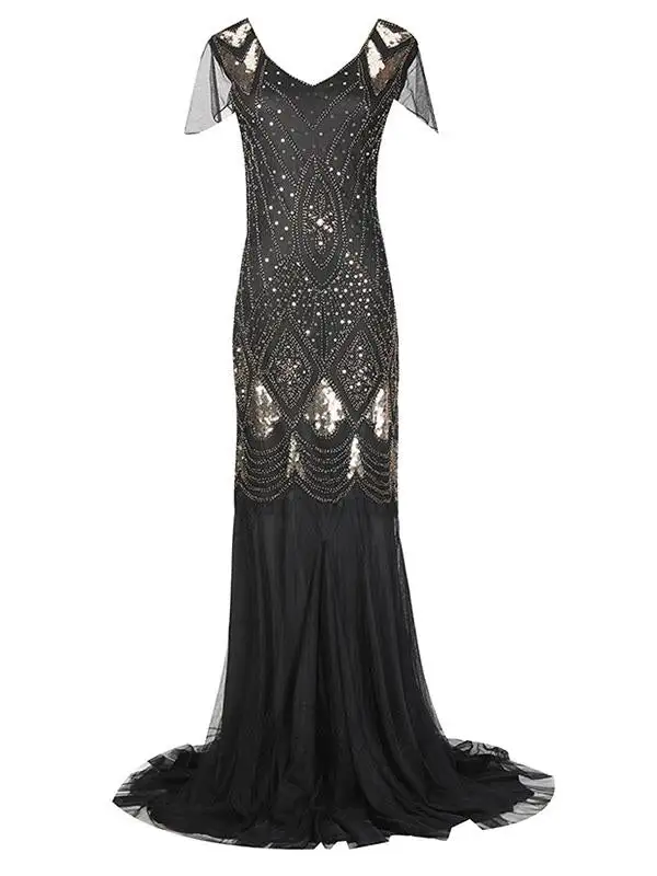 Layered Sequined Flapper V Neck Fringe Flapper Dress