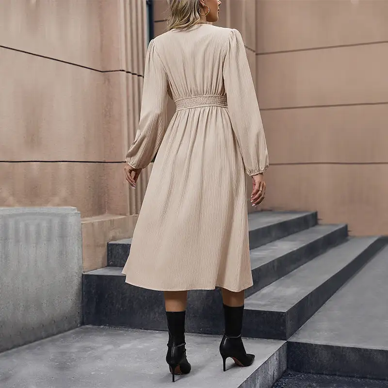 Women's V-Neck Puff-Sleeve Lace Button-Detail Midi Dress