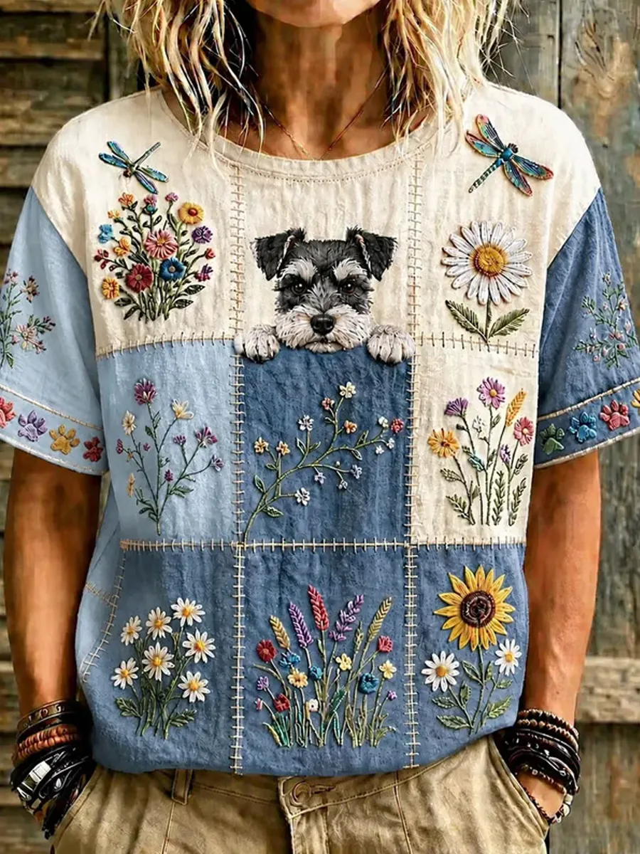 Women's Floral Cute Dog Top