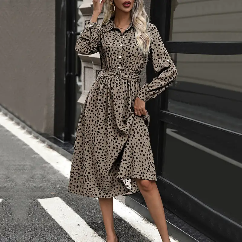 Women's Shirt Long-Sleeve Polka-Dot Belted Dress