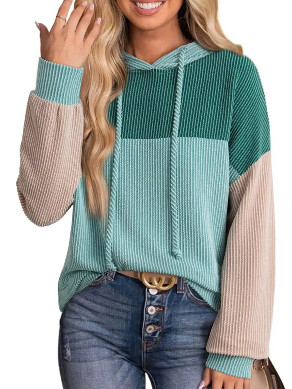 Relaxed Drawstring Long-Sleeve Colorblock Hoodie