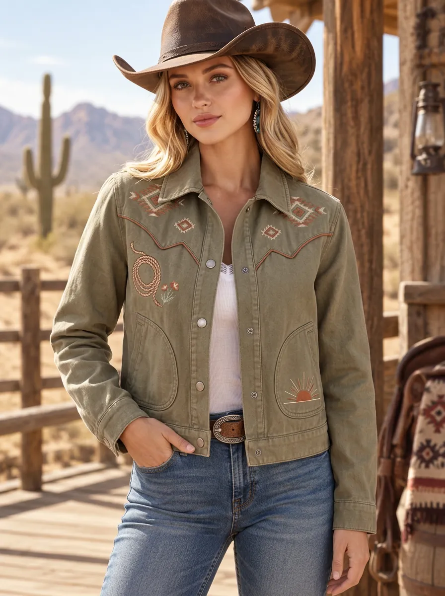 Women's Western Cowgirl Lasso Sun Geometric Denim Jacket