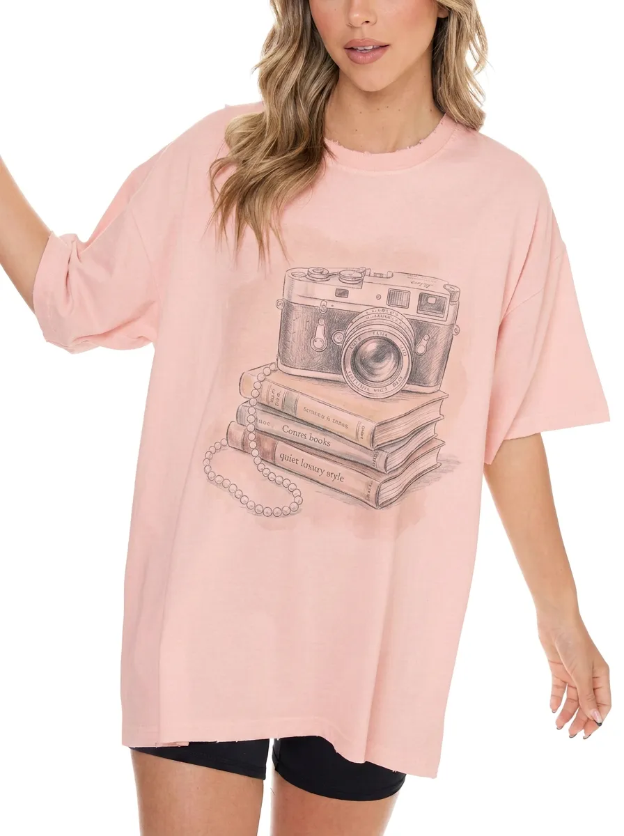 Women's Photography Book Lover Vintage Camera Printed T-shirt