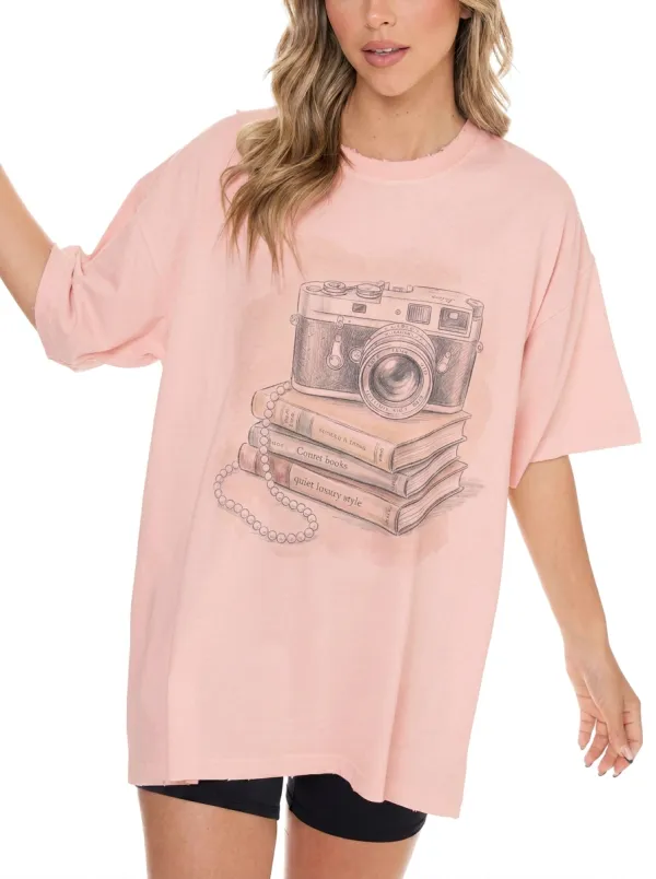 Women's Photography Book Lover Vintage Camera Printed T-shirt