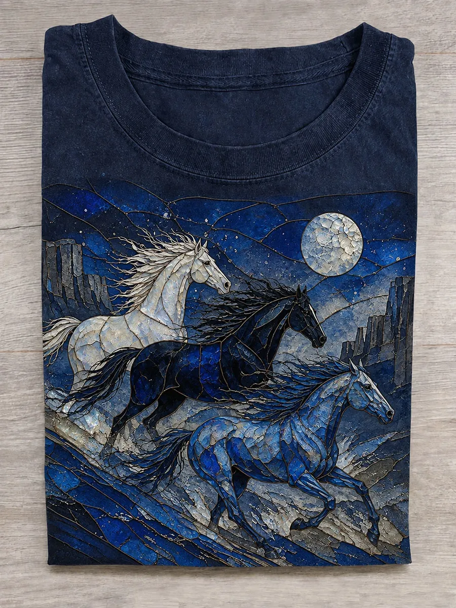 Vintage Wild Horse Pattern Casual T-Shirt