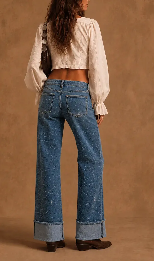 Rhinestone Detail Wide Leg Cuffed Low Rise Western Style Denim Jeans