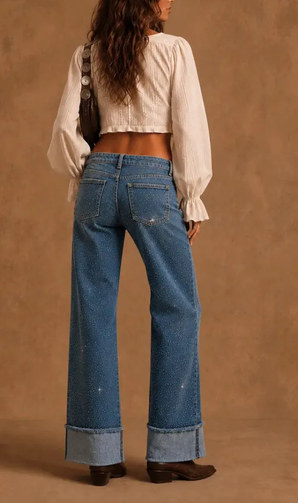 Rhinestone Detail Wide Leg Cuffed Low Rise Western Style Denim Jeans