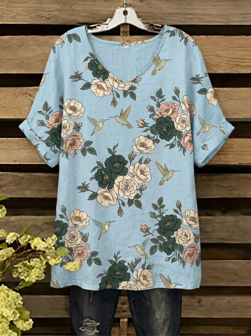 Floral Nature V-Neck Women's Loose Printed Blouse