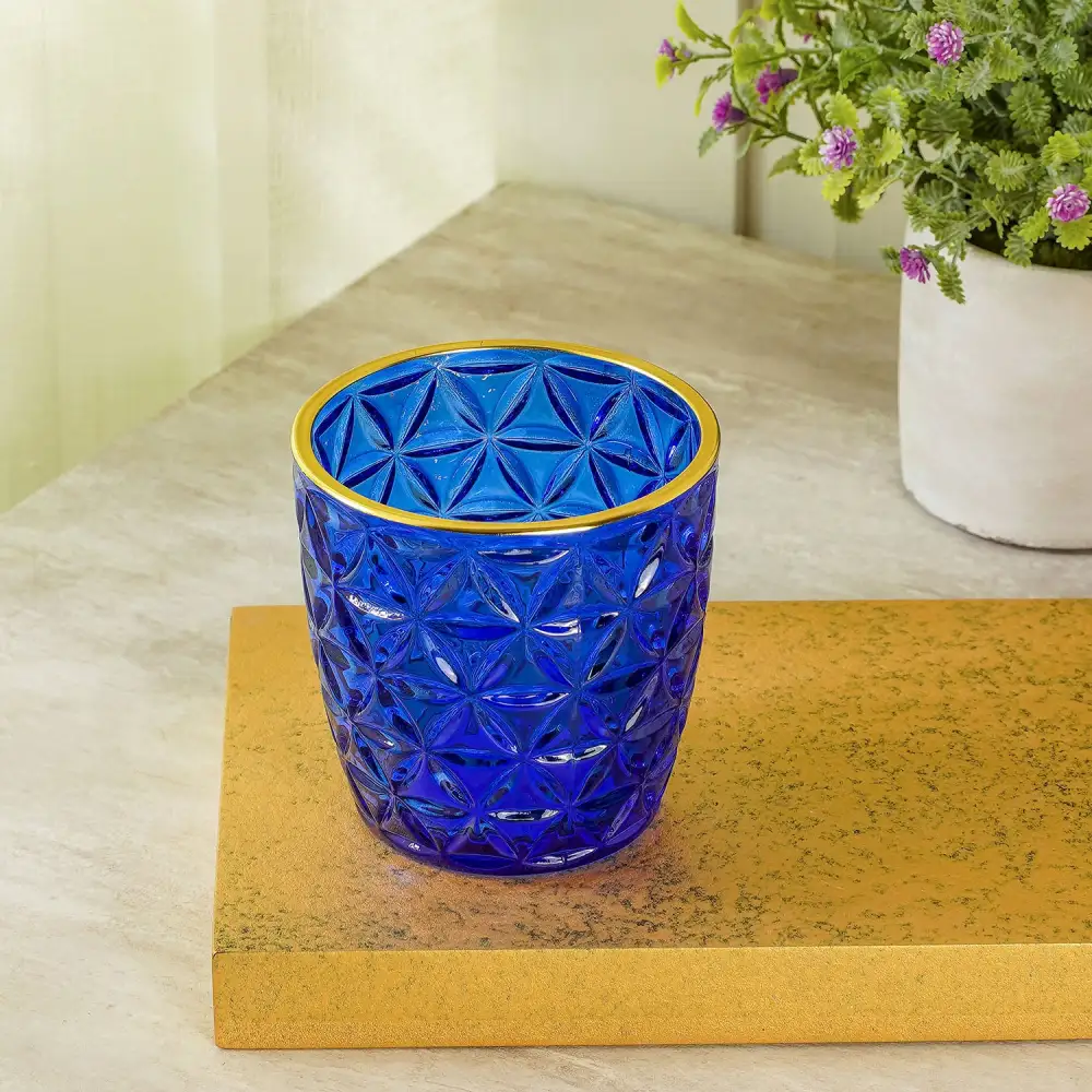 Blue Glass Votive Holder With Gold Rim