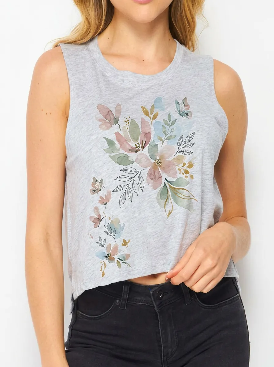 Women's Floral Butterfly Nature Lover Watercolor Printed Tank Top