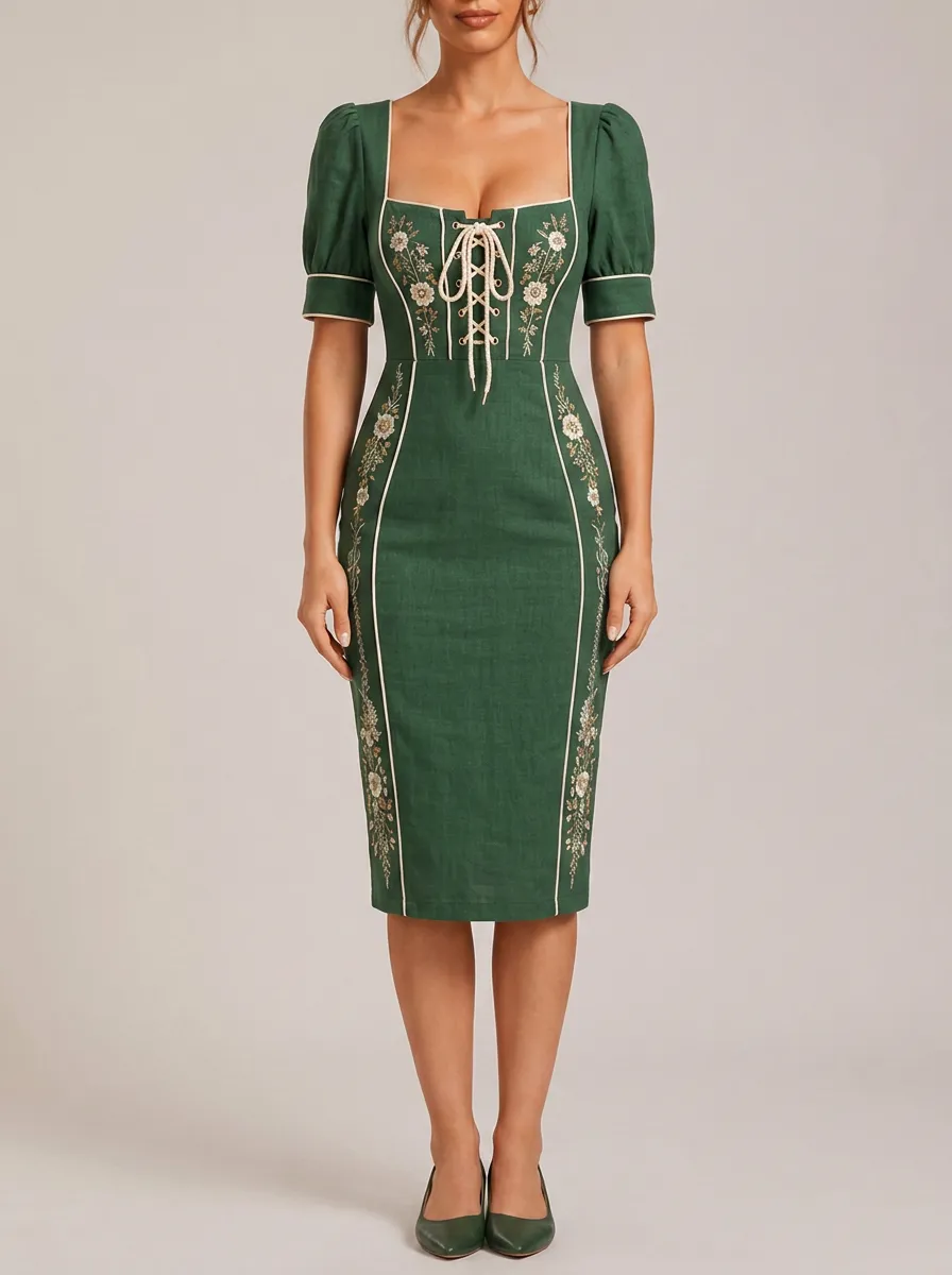 Women's Embroidered Floral Heritage Bodycon Dress