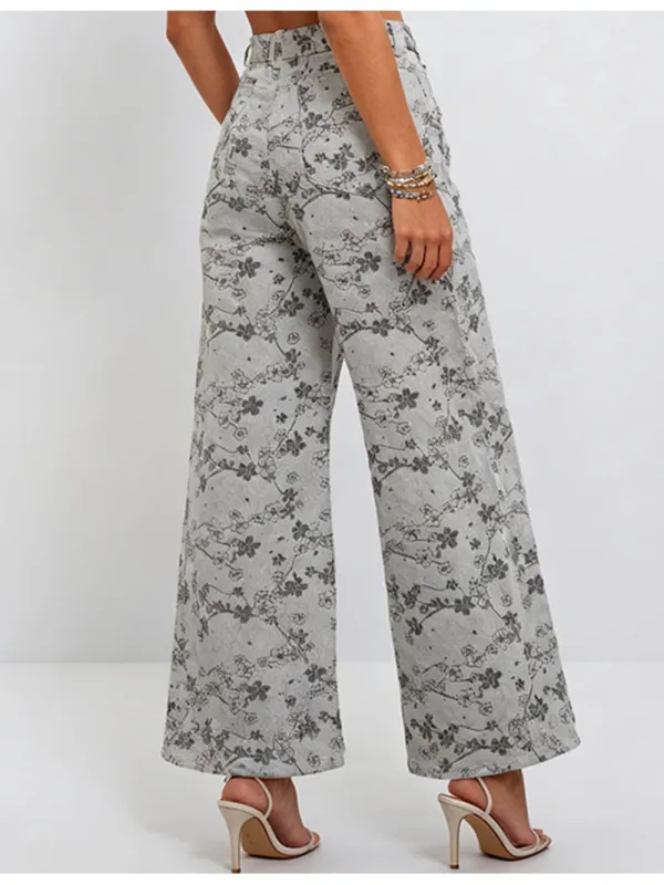 Rhinestone Jacquard Jeans Button Waist Wide Leg Denim Pants