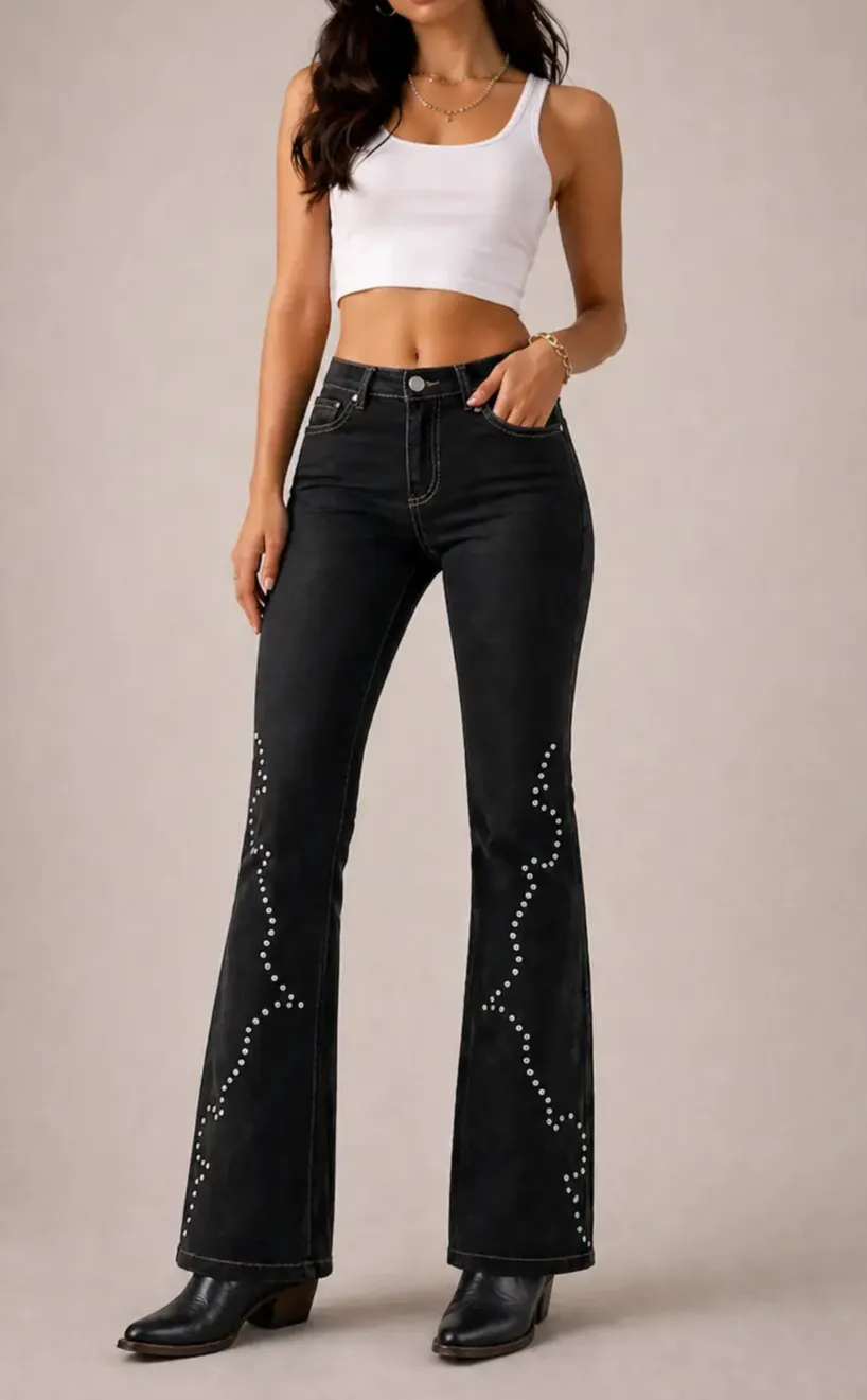 Studded Detail Bootcut Western Style Denim Jeans