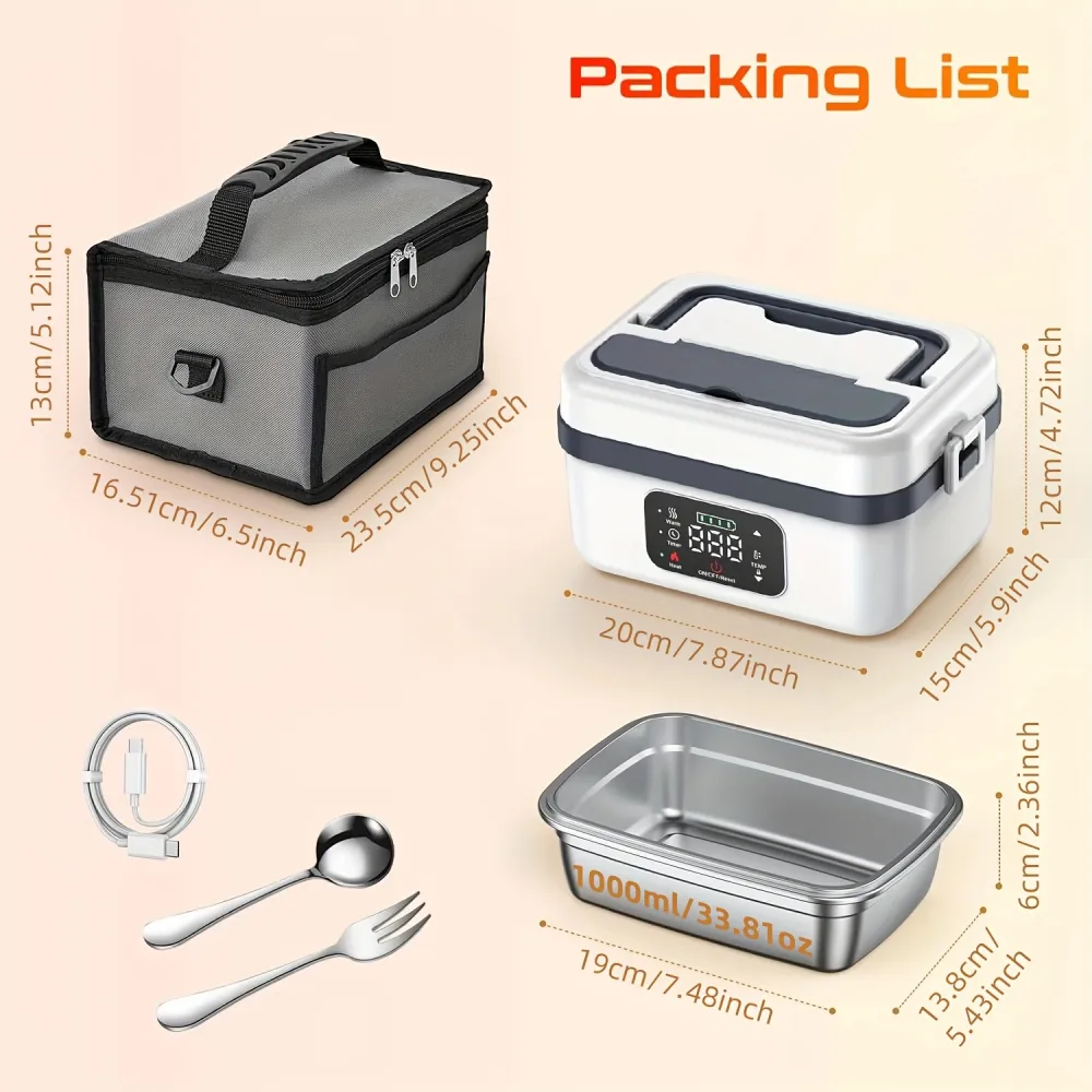 USB Rechargeable Electric Lunch Box with Digital Display, Portable Food Warmer for On-the-Go Meals - USB