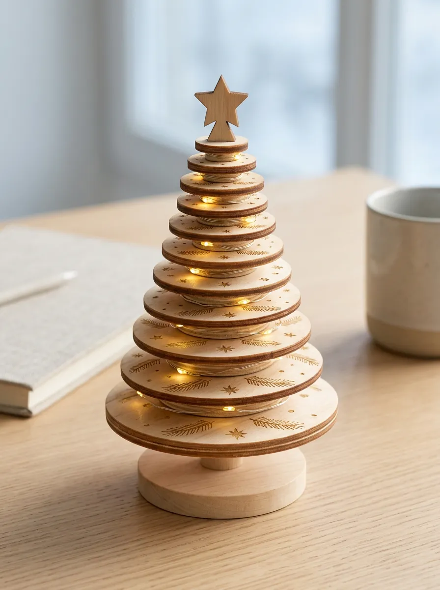 Star Engraved Wooden LED Christmas Tabletop Tree