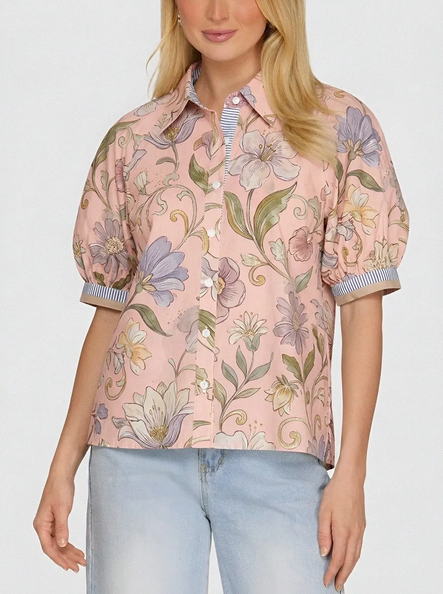 Women's Vintage Floral Botanical Printed Puff Sleeve Shirt
