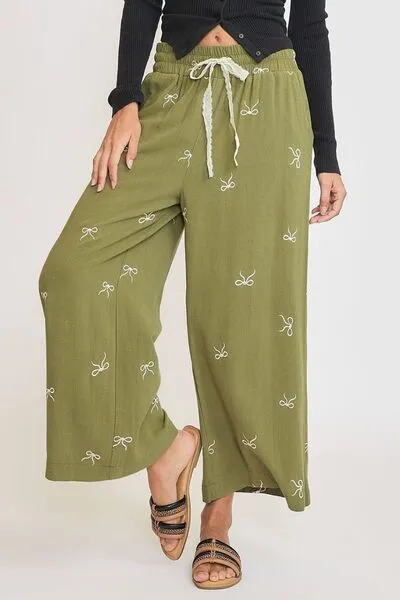 Full Size Lace Drawstring Embroidered Bow Wide Leg Pant