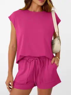 Tailored Drawstring Pocketed Top and Shorts Matching Set
