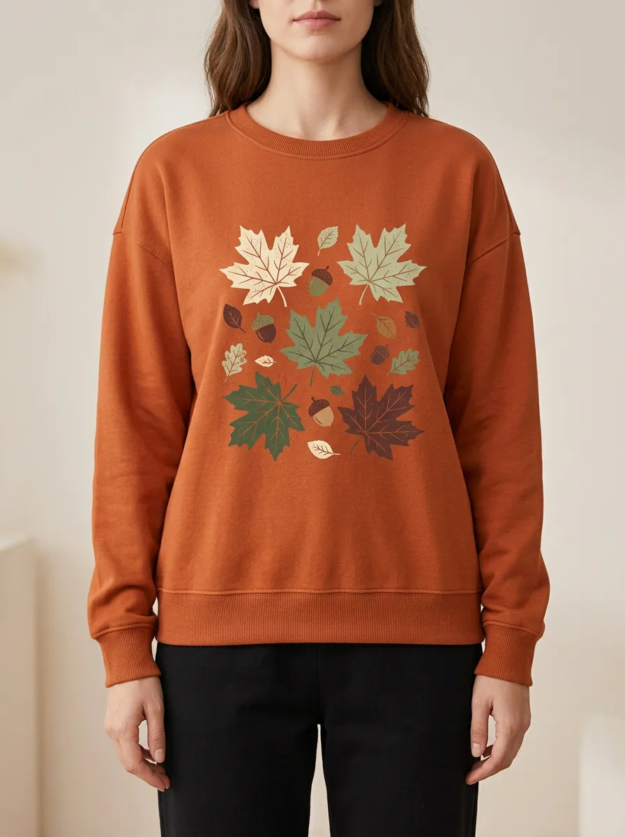 Lightweight Maple-Leaf Printed Acorn Graphic Sweatshirt