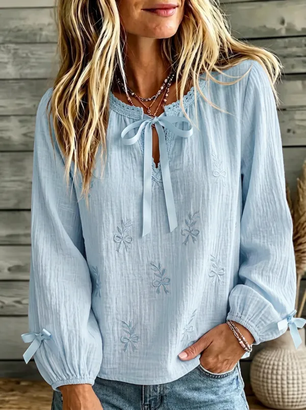 Women's Pink Bowknot Aesthetic Embroidered Printed Top