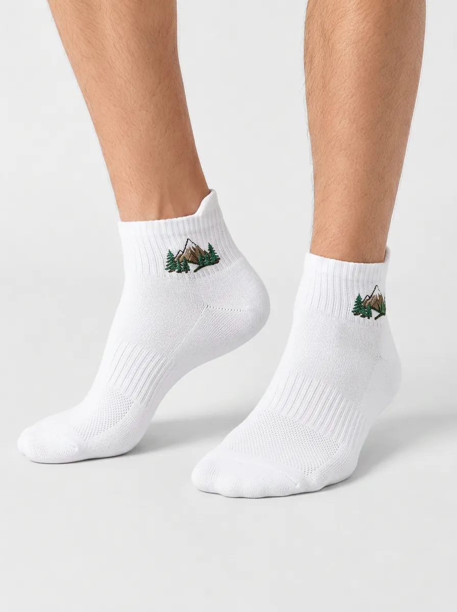 White Mountain Pine Embroidered Athletic Ankle Socks